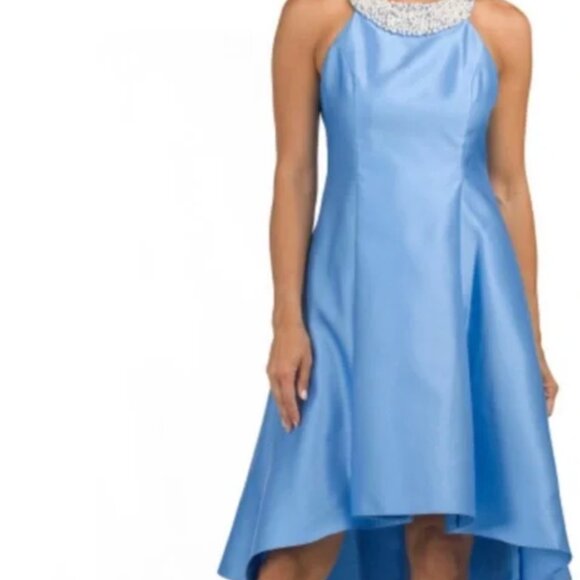 NWOT  Adrianna Papell Beaded-Neck Mikado Dress Cool Cloud - Picture 6 of 11